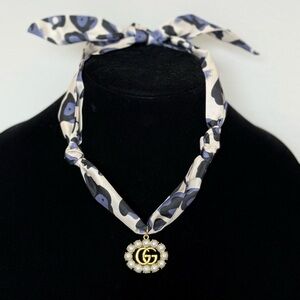 Floral Scarf Necklace with Gold Pendant